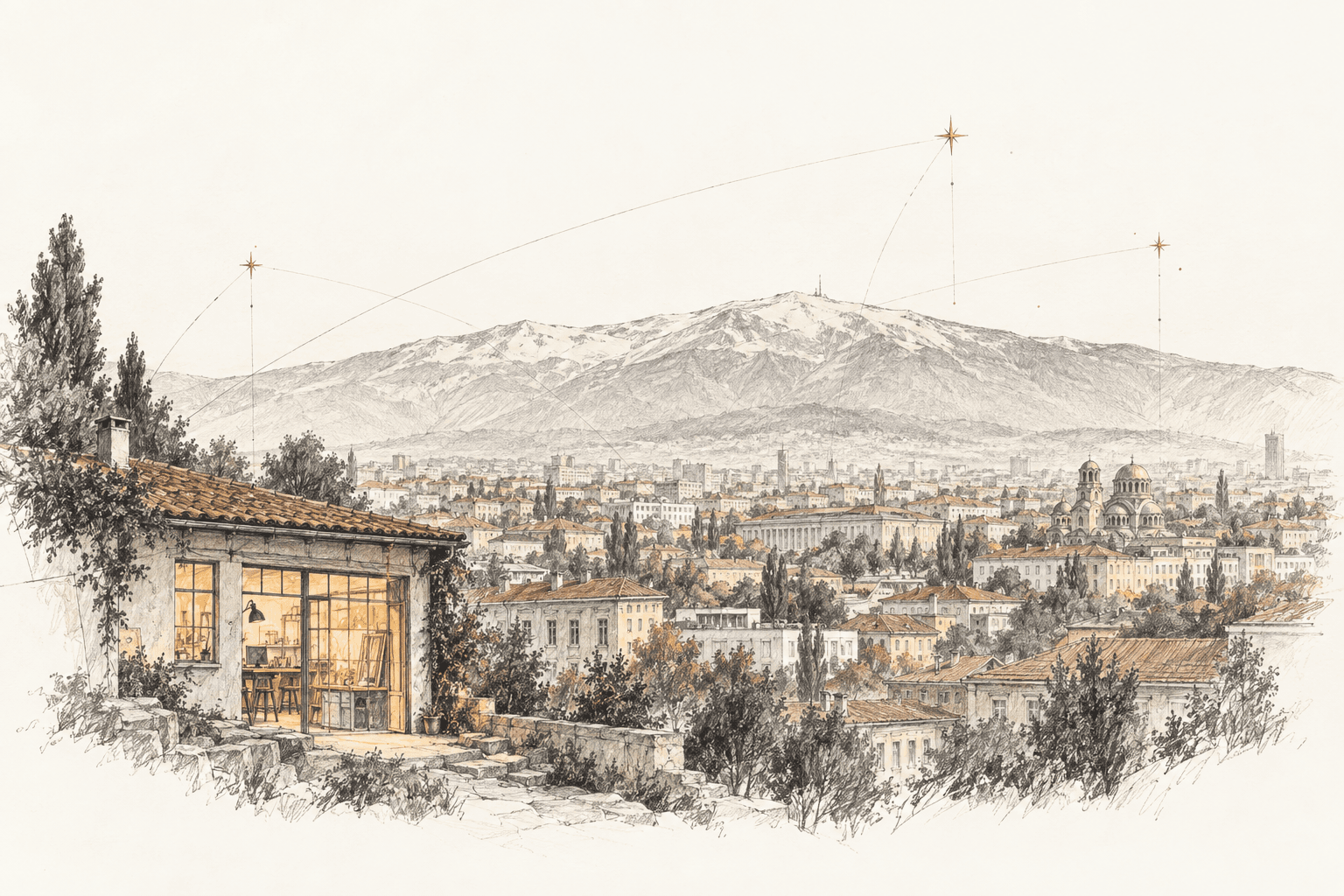 A pencil drawing of Sofia beneath Vitosha under a sky of connected stars.